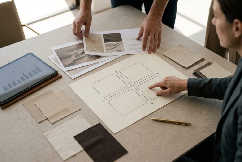 Brand workshop table with printed brand pages, a positioning grid drawn on paper, fabric swatches and a tablet