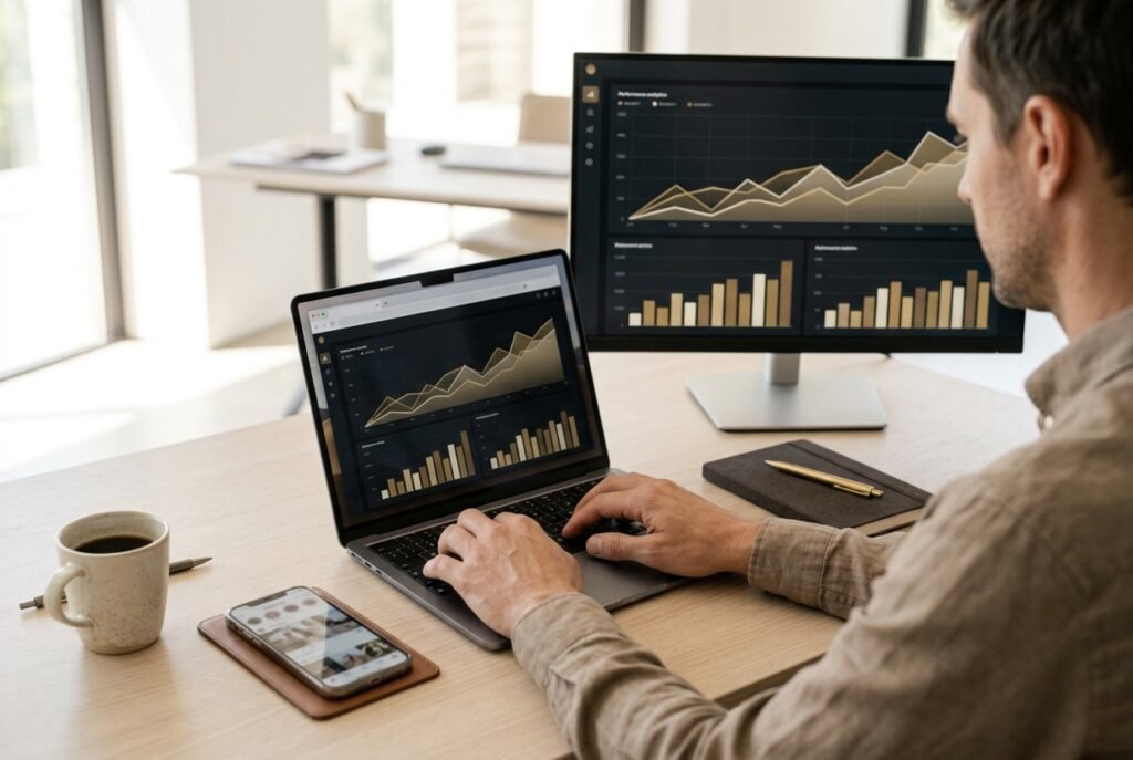 Marketer working on a laptop and second monitor showing analytics dashboards with rising charts