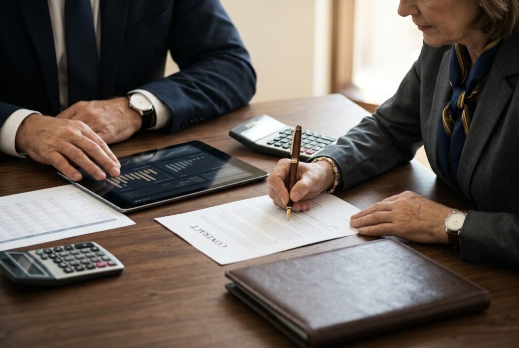 Two professionals finalizing a hotel contract with a fountain pen, a tablet with a rate chart and calculators on a walnut table