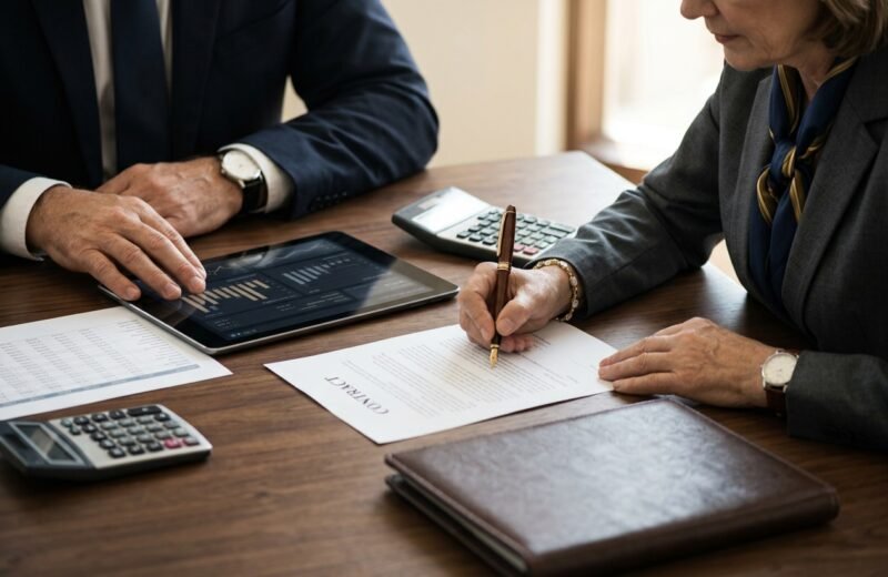 Two professionals finalizing a hotel contract with a fountain pen, a tablet with a rate chart and calculators on a walnut table