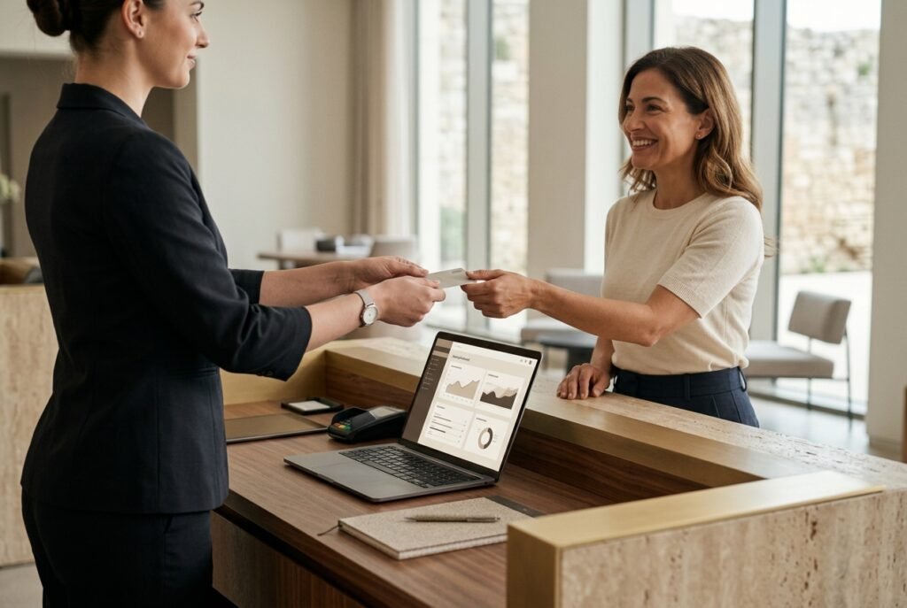 Hotel receptionist handing a key card to a smiling guest at a stone reception desk with a booking dashboard on a laptop